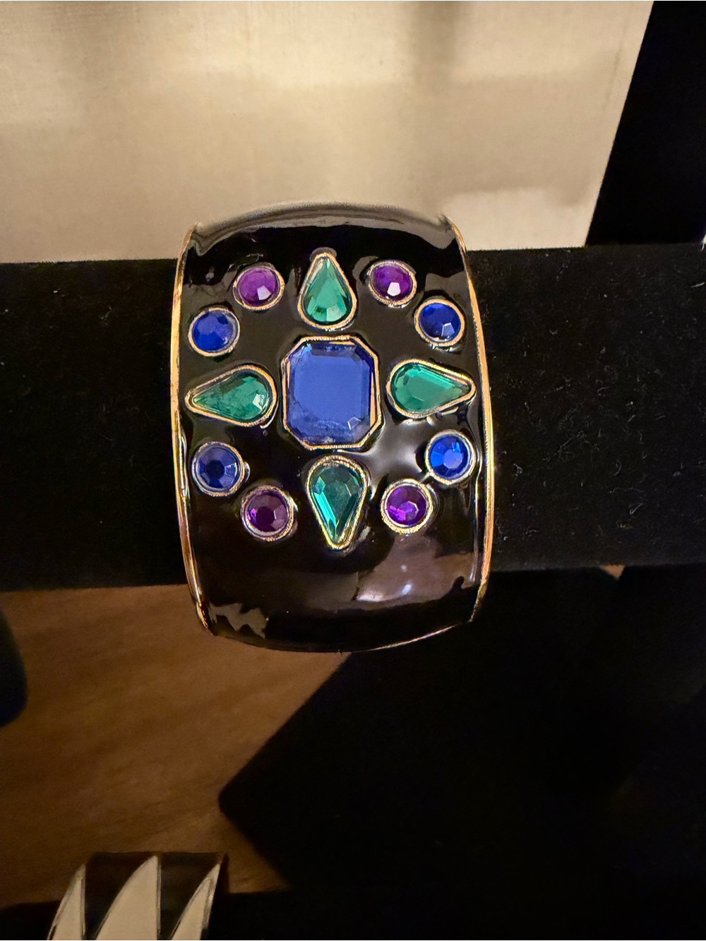 Black Enamel Cuff Bracelet with Blue, Green & Purple Gem Accents